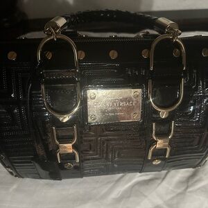 Versace Glossy Black Satchel with Gold Hardware